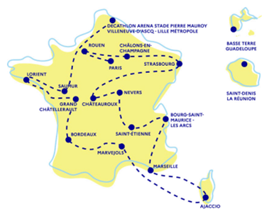 Carte de la tournée Septembre Bouge 2026 présentant les 18 villes-étapes en France métropolitaine et dans les Outre-mer.
